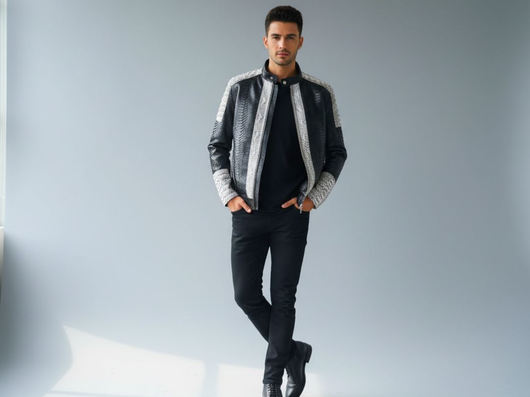 Men’s Genuine Python Snakeskin Leather Jacket – Black &amp; Silver