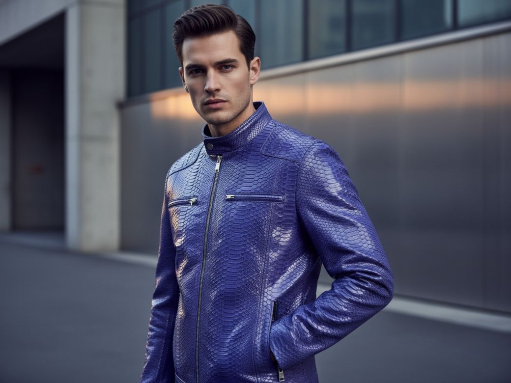 Men’s Royal Blue Genuine Python Leather Jacket – Luxury Zip-Up Biker Style