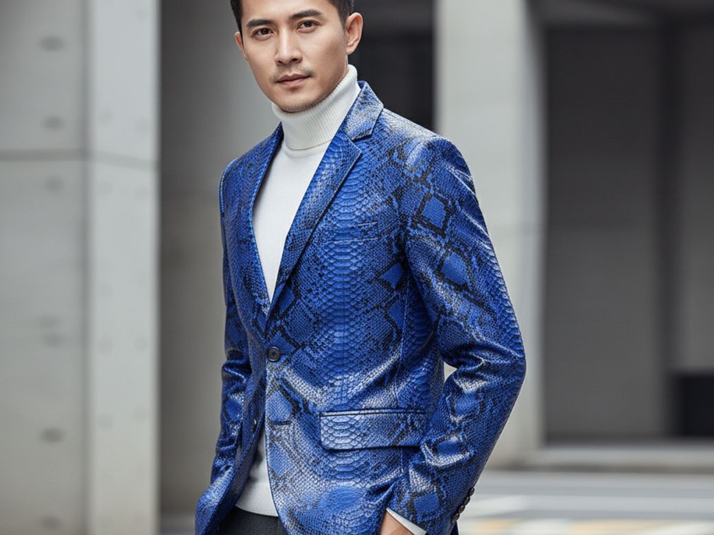 Men’s Electric Blue Python Leather Blazer – Luxury Snakeskin Pattern Suit Jacket