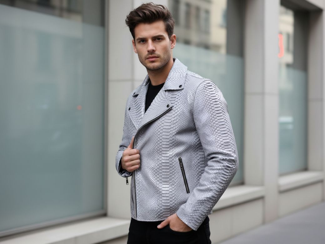 Men’s Genuine Snakeskin Leather Biker Jacket – Light Grey Python Finish