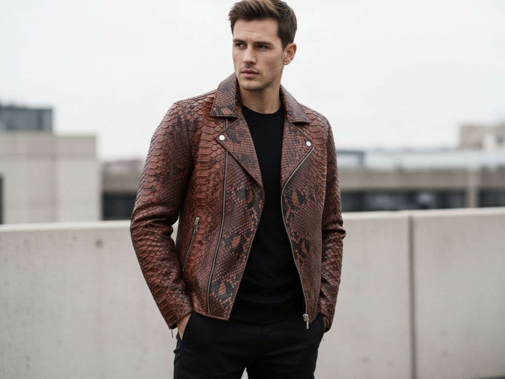 Brown Genuine Python Leather Biker Jacket – Handcrafted Luxury Snakeskin Moto Style