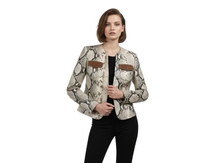 Women’s Genuine Python Snakeskin Jacket – Exotic Leather Fashion Blazer with Brown Pocket Accents