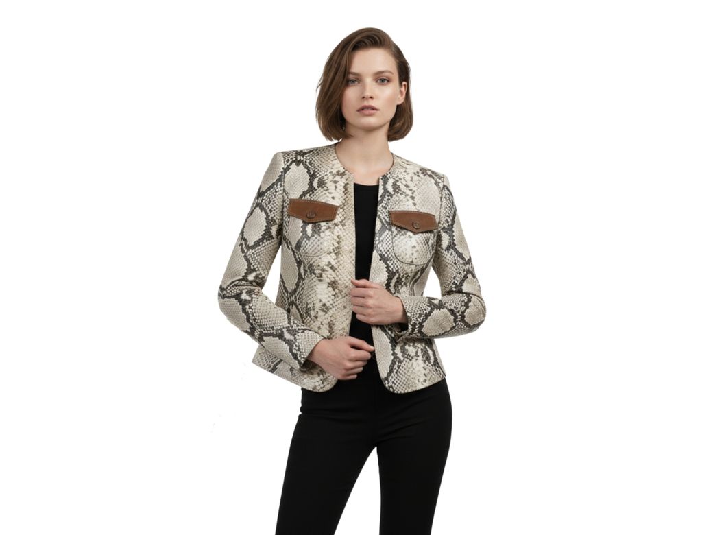 Women’s Genuine Python Snakeskin Jacket – Exotic Leather Fashion Blazer with Brown Pocket Accents