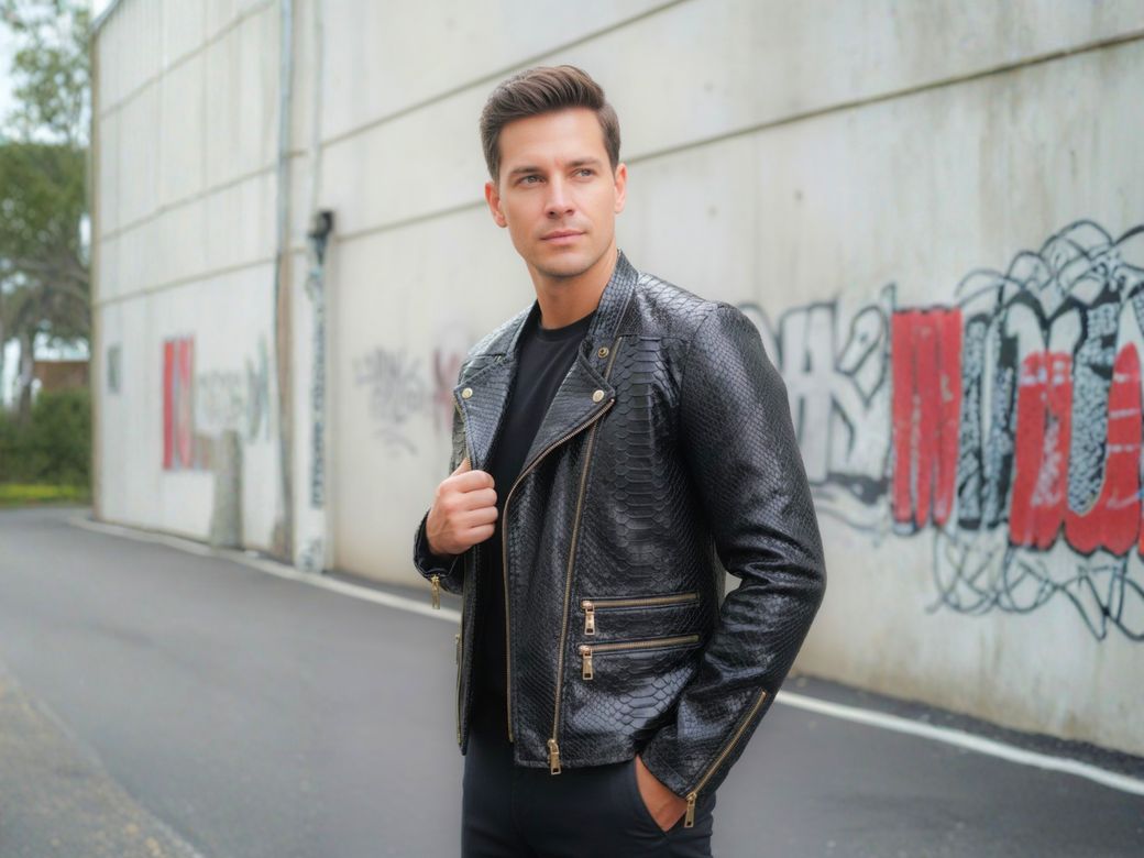 Black Genuine Python Leather Biker Jacket – Luxury Zip-Up Snakeskin Moto Style