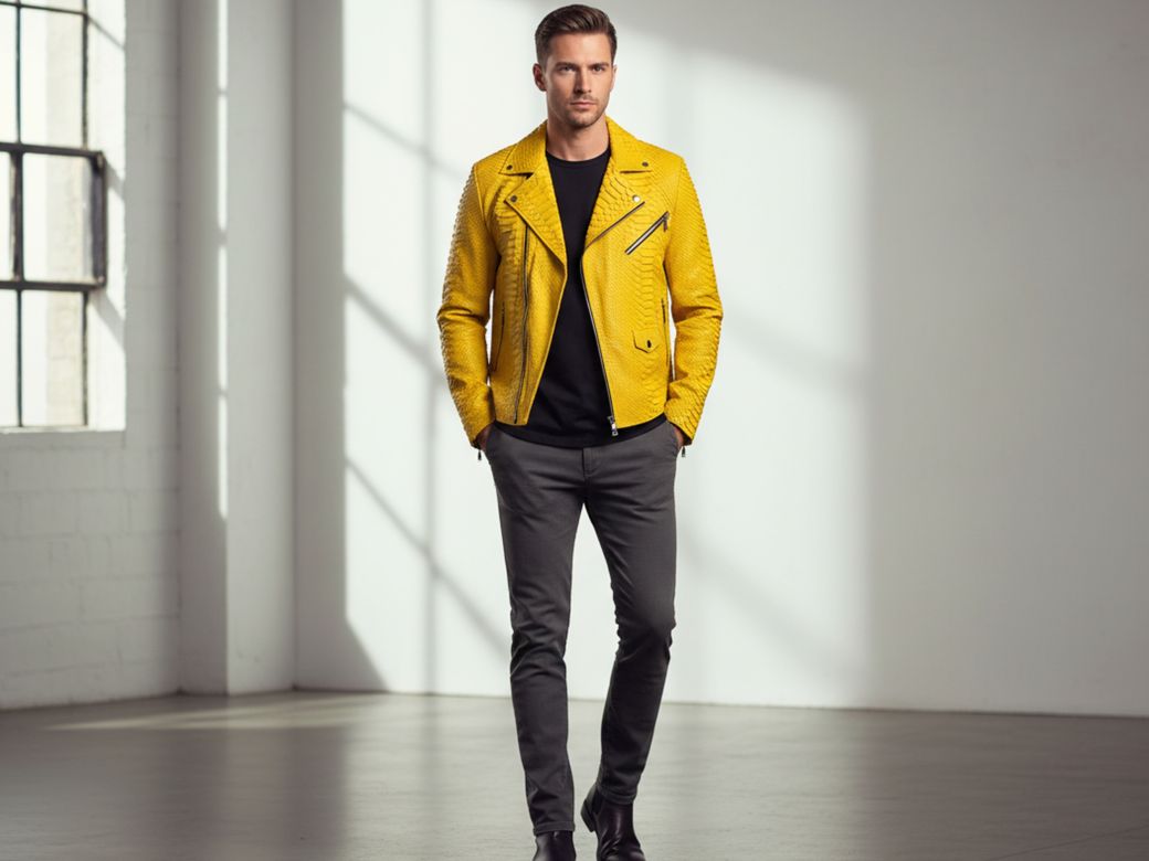 Men’s Genuine Yellow Python Leather Biker Jacket