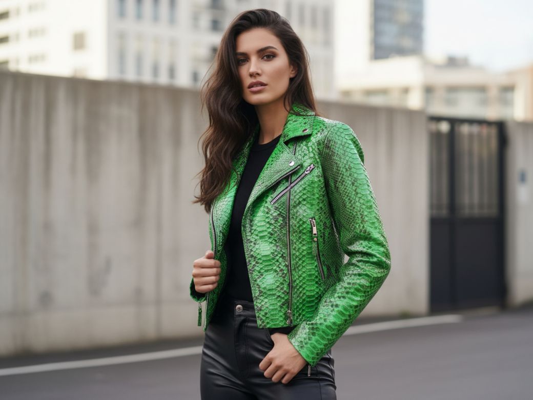 Women&#x27;s Green Python Leather Biker Jacket – Genuine Snakeskin Moto Style