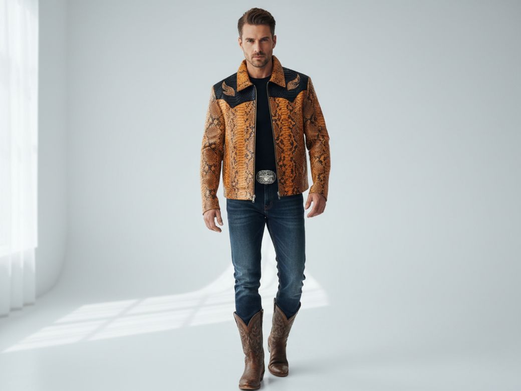 Men’s Western Snakeskin Jacket – Genuine Python Leather in Brown &amp; Black