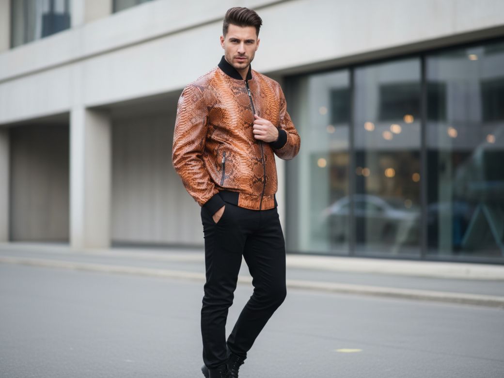  Genuine Cognac Python Skin Bomber - Premium Designer Jacket