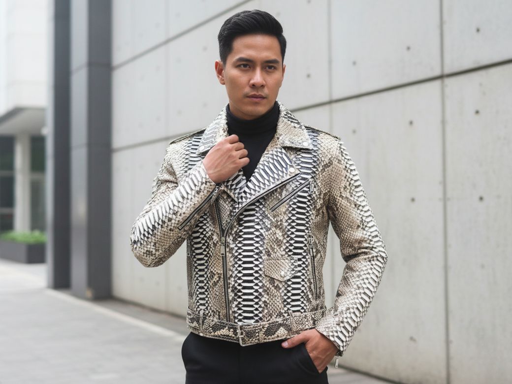 Exotic Natural Python Leather Biker Jacket – Handmade Real Snakeskin