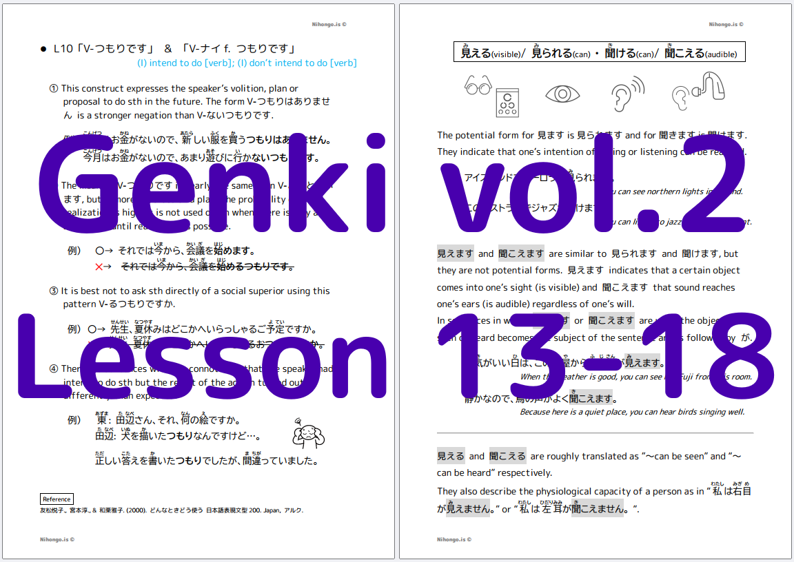直観　日本語1枚 Genki Lesson 13-18 helping material