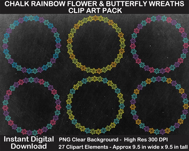 Chalk Rainbow Flower and Butterfly Wreaths Clipart Pack - Chalkboard, Scrapbook Border, Gift Tags	