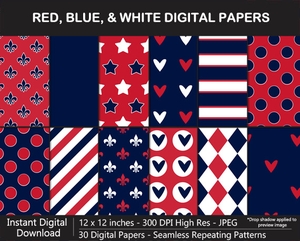 Red, Blue, and White Digital Papers - SEAMLESS, Polka Dot, Stars, Harlequin, Fleur de Lis, Scrapbook