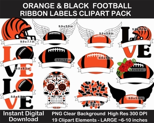 Orange and Black Football Ribbon Labels Clipart Pack - Helmet, Cheer Pom Pom, Printable, Sign	