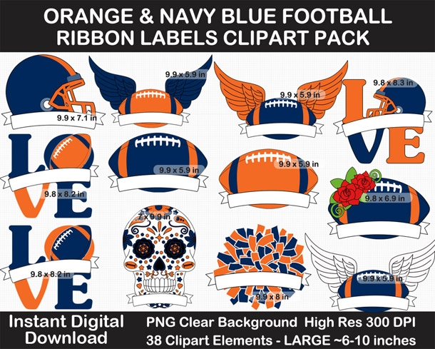 Orange and Navy Blue Football Ribbon Labels Clipart Pack - Helmet, Cheer Pom Pom, Printable, Sign