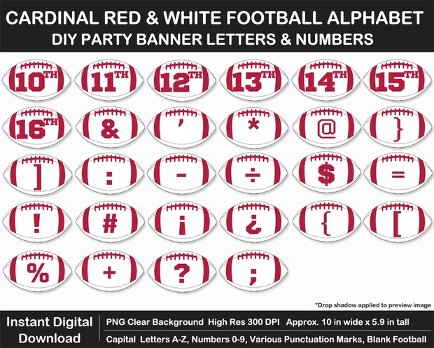 Cardinal Red and White Football Alphabet Banner Clip Art - Letters, Numbers, Superbowl, Birthday