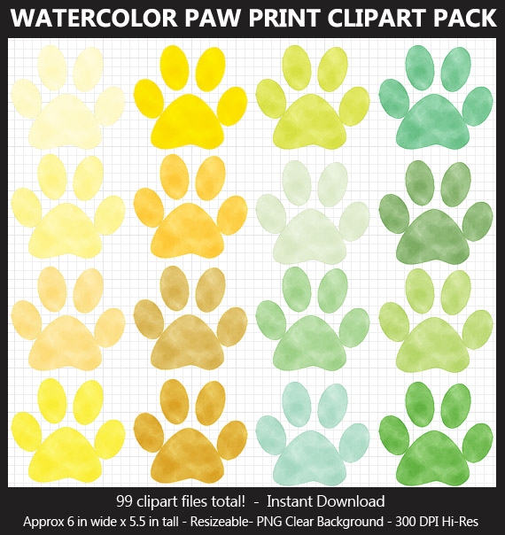 Watercolor Paw Print Clipart - 99 Colors, Dog Paw Print, Cat Paw, Puppy Paw, Printable, Iron-on	