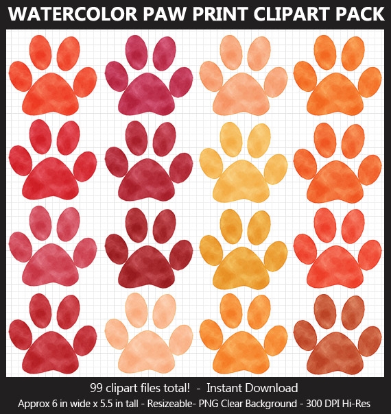 Watercolor Paw Print Clipart - 99 Colors, Dog Paw Print, Cat Paw, Puppy Paw, Printable, Iron-on	