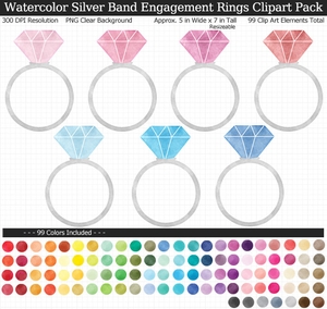 Large Watercolor Engagement Ring Clipart Pack - 99 Colors! Princess Cut Gem, Wedding, Bachelorette