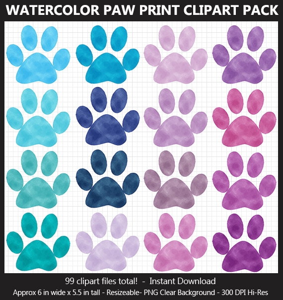 Watercolor Paw Print Clipart - 99 Colors, Dog Paw Print, Cat Paw, Puppy Paw, Printable, Iron-on	