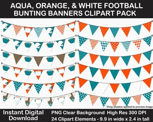 Aqua, Orange, White Football Bunting Banners Clipart Pack - Helmet, Foam Finger, Cheer, Pennant