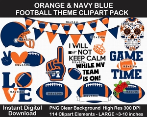 Orange and Navy Blue Football Theme Clip Art - Helmet, Label, Pennant Banner, Birthday, Superbowl