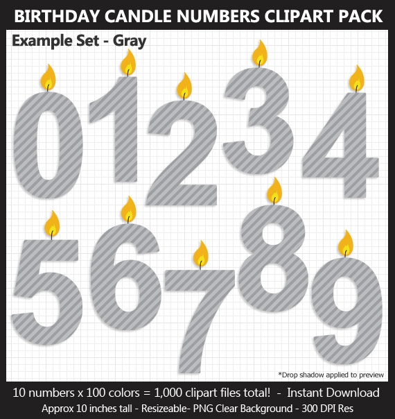 Birthday Candle Numbers Clipart Pack - 100 Colors, Birthday Sign, Printable, 10 Inches, Scrapbook