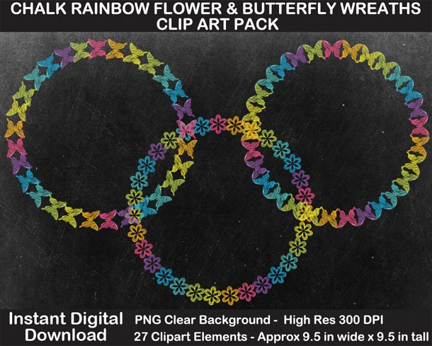 Chalk Rainbow Flower and Butterfly Wreaths Clipart Pack - Chalkboard, Scrapbook Border, Gift Tags	