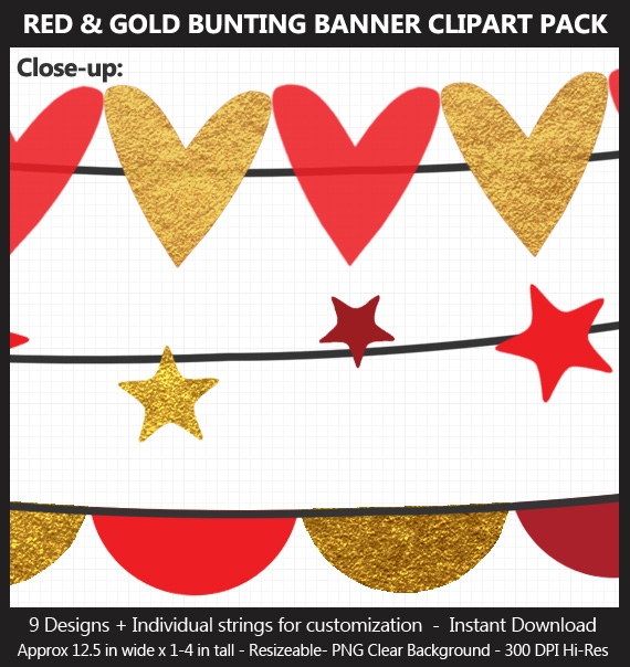 Red &amp; Gold Foil Bunting Banner Clipart Pack - Wedding, Valentine&#x27;s Day, Birthday, Heart, Star, Penna