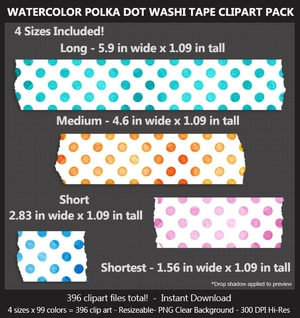 Watercolor Polka Dot Washi Tape Clipart Pack - 99 Colors x 4 Sizes, Digital Scrapbook, Planner