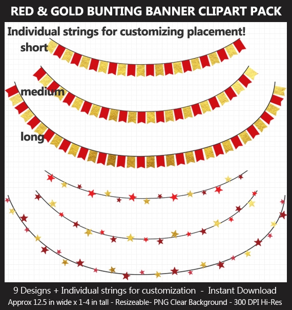 Red &amp; Gold Foil Bunting Banner Clipart Pack - Wedding, Valentine&#x27;s Day, Birthday, Heart, Star, Penna
