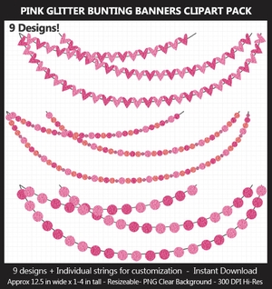 Pink Glitter Banner Clipart Pack - Wedding, Baby Shower, Birthday, Girly, Heart, Stars, Pennant	