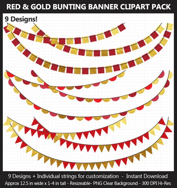 Red &amp; Gold Foil Bunting Banner Clipart Pack - Wedding, Valentine&#x27;s Day, Birthday, Heart, Star, Penna