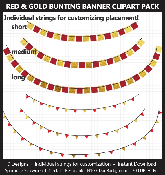 Red &amp; Gold Foil Bunting Banner Clipart Pack - Wedding, Valentine&#x27;s Day, Birthday, Heart, Star, Penna