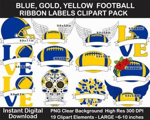 Blue, Gold, Yellow Football Ribbon Labels Clipart Pack - Helmet, Cheer Pom Pom, Printable, Sign