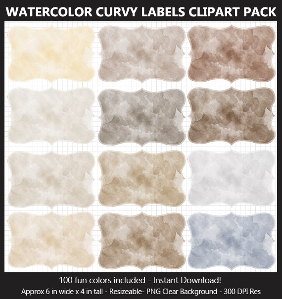Watercolor Curvy Labels Clipart Pack - 100 Colors, Scrapbook, Party Food Labels, School Binders