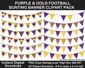 Purple and Gold Football Bunting Banners Clipart - Helmet, Foam Finger, Cheer, Pennant, Print	