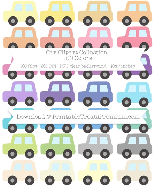 Car Clipart Pack - 100 Fun Colors, Large 10 Inches, Printable, Kids, Children, School, Teacher	