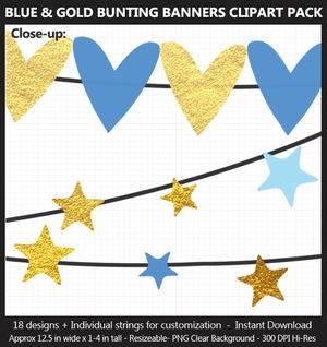 Blue and Gold Foil Bunting Banner Clipart Pack - Wedding, Boy Baby Shower, Birthday, Hearts, Stars	