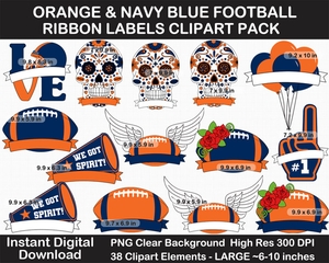 Orange and Navy Blue Football Ribbon Labels Clipart Pack - Helmet, Cheer Pom Pom, Printable, Sign