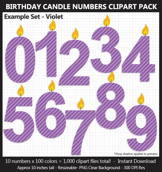 Birthday Candle Numbers Clipart Pack - 100 Colors, Birthday Sign, Printable, 10 Inches, Scrapbook