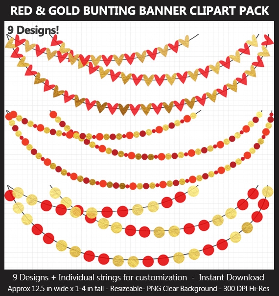 Red &amp; Gold Foil Bunting Banner Clipart Pack - Wedding, Valentine&#x27;s Day, Birthday, Heart, Star, Penna