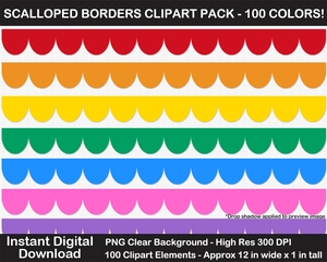 Scalloped Border Clipart Pack - 100 Colors, Printable, Bulletin Board, Scrapbook, Frame, Planner	