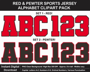 Red and Pewter Sports Jersey Alphabet Clipart - Varsity Letters, Numbers, Superbowl, Sign	