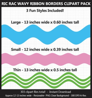 Ric Rac Wavy Ribbon Borders Clipart Pack - 101 Colors, Printable, Large, Scrapbook Border, Frame