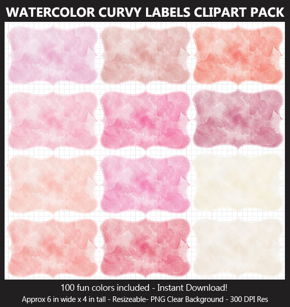 Watercolor Curvy Labels Clipart Pack - 100 Colors, Scrapbook, Party Food Labels, School Binders