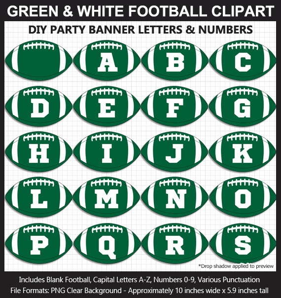 Green and White Football Alphabet Banner Clip Art - Letters, Numbers, Superbowl, DIY Football Party