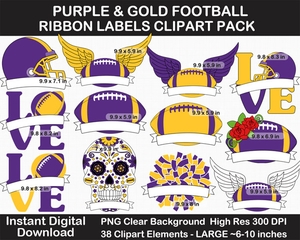 Purple and Gold Football Ribbon Labels Clipart Pack - Helmet, Cheer Pom Pom, Printable, Sign