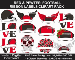 Red and Pewter Football Ribbon Labels Clipart Pack - Helmet, Cheer Pom Pom, Printable, Sign