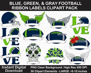 Blue, Green, Gray Football Ribbon Labels Clipart Pack - Helmet, Cheer Pom Pom, Printable, Sign