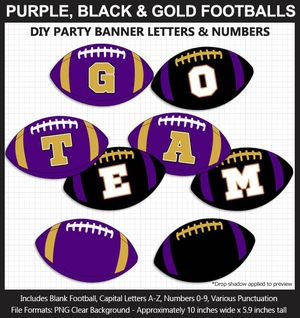 Purple, Black, and Gold Football Alphabet Banner Clip Art - Letters, Number, Superbowl, DIY Party